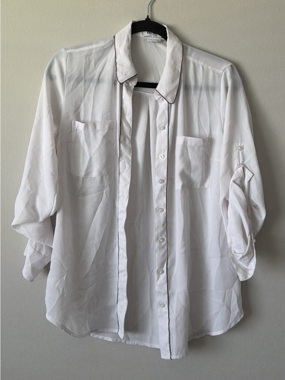 EXPRESS Sheer White Button-Up Blouse with Beaded Trim